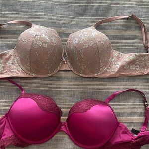 Set of 2 Victoria's Secret Lace Push-Up Bras Underwire Padded - Pink and Magenta